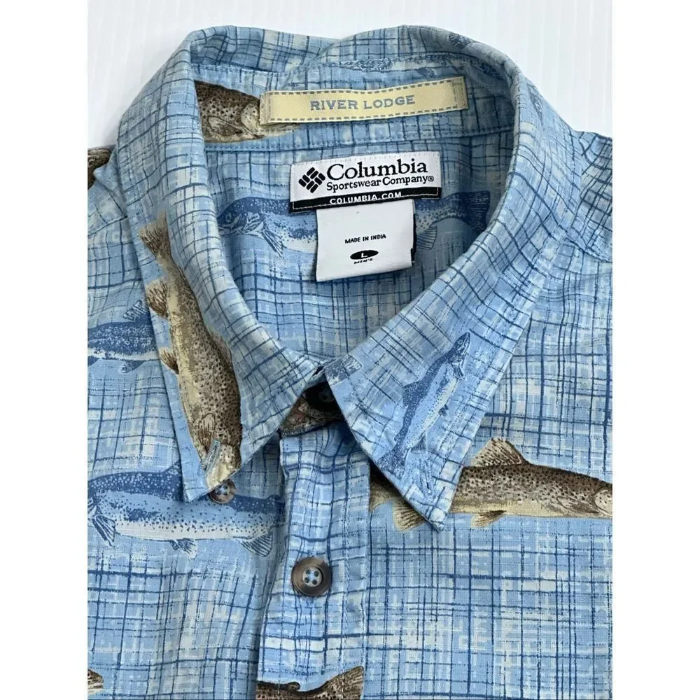 Columbia River Lodge Trout Fish Print Cotton Fishing Shirt Men’s L